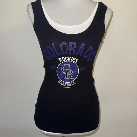 NWT Juniors Women’s Colorado Rockies Layered Look Tank Top Black M Medium - Picture 1 of 7